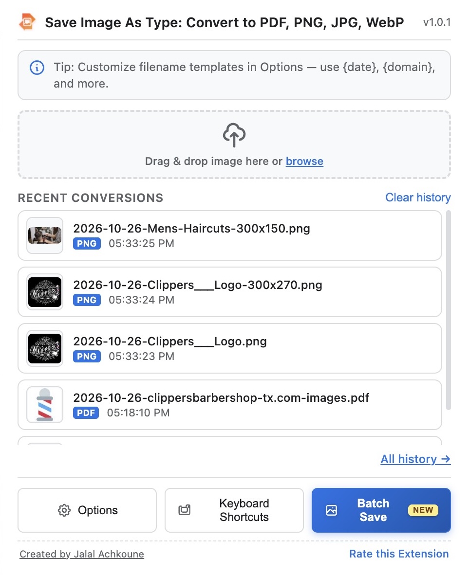 Save Image As Type Extension Popup Dashboard with Batch Save and Recent Conversions