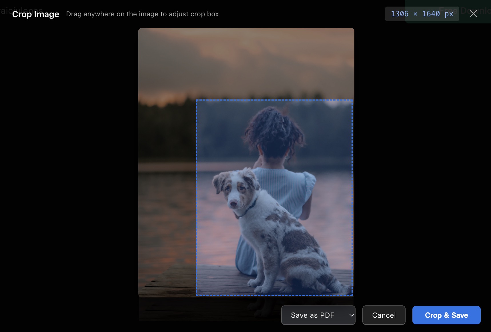 Interactive visual image cropping overlay with live dimension badge